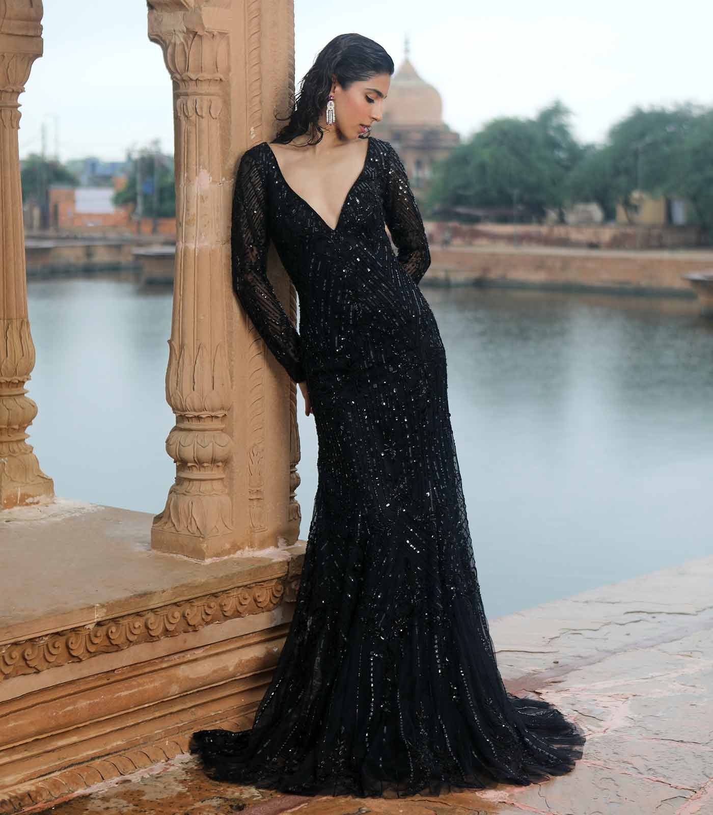 Black Mermaid Formal Gown 24327 with Gold Flowers